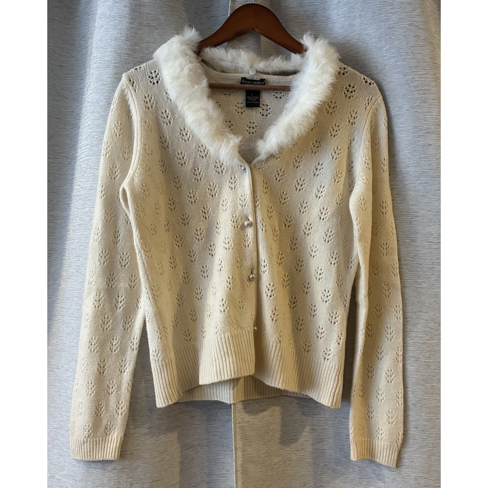 DANIEL BISHOP 100 Cashmere Ivory Fur Collar Gem Button‎ Cardigan Sweater Women L